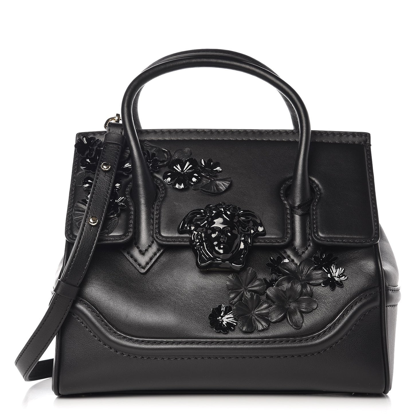 Calfskin Floral Appliques Medium Palazzo Empire Bag Black