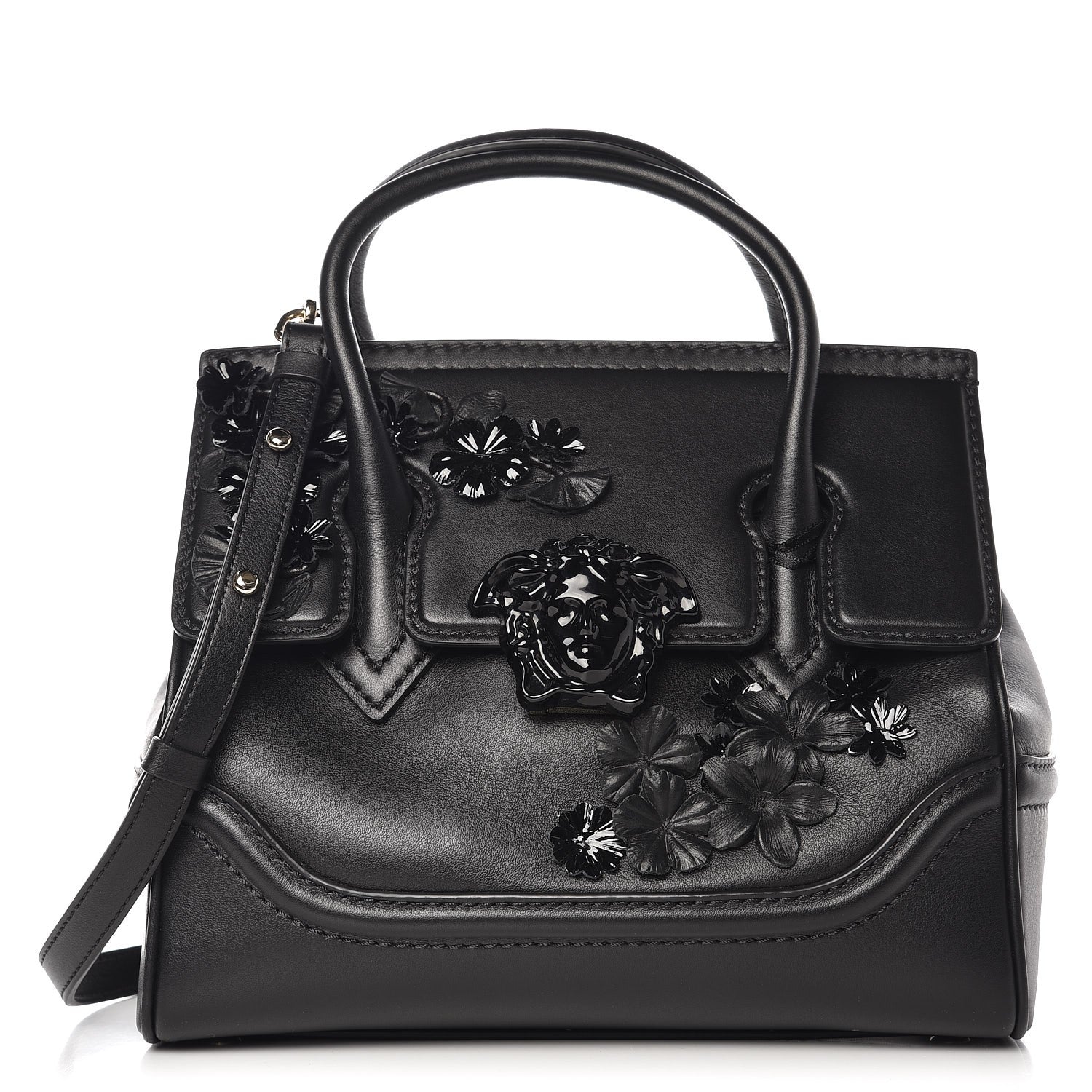 Versace Calfskin Floral Appliques Medium Palazzo Empire Bag Black 5 of 9