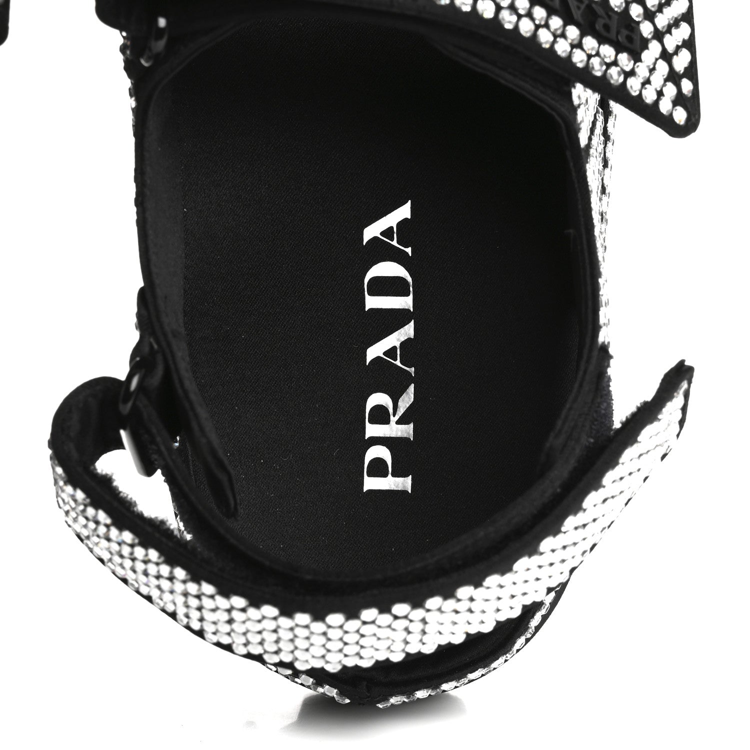 Prada Satin Crystal Embellished Metal Logo Velcro Sandals 37 Black 7 of 11