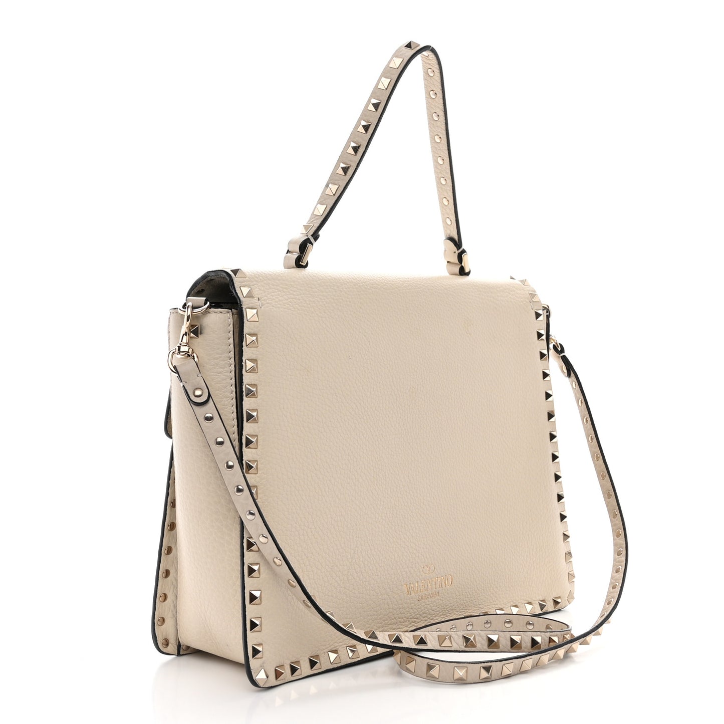 Grained Calfskin Rockstud Top Handle Flap Shoulder Bag Light Ivory