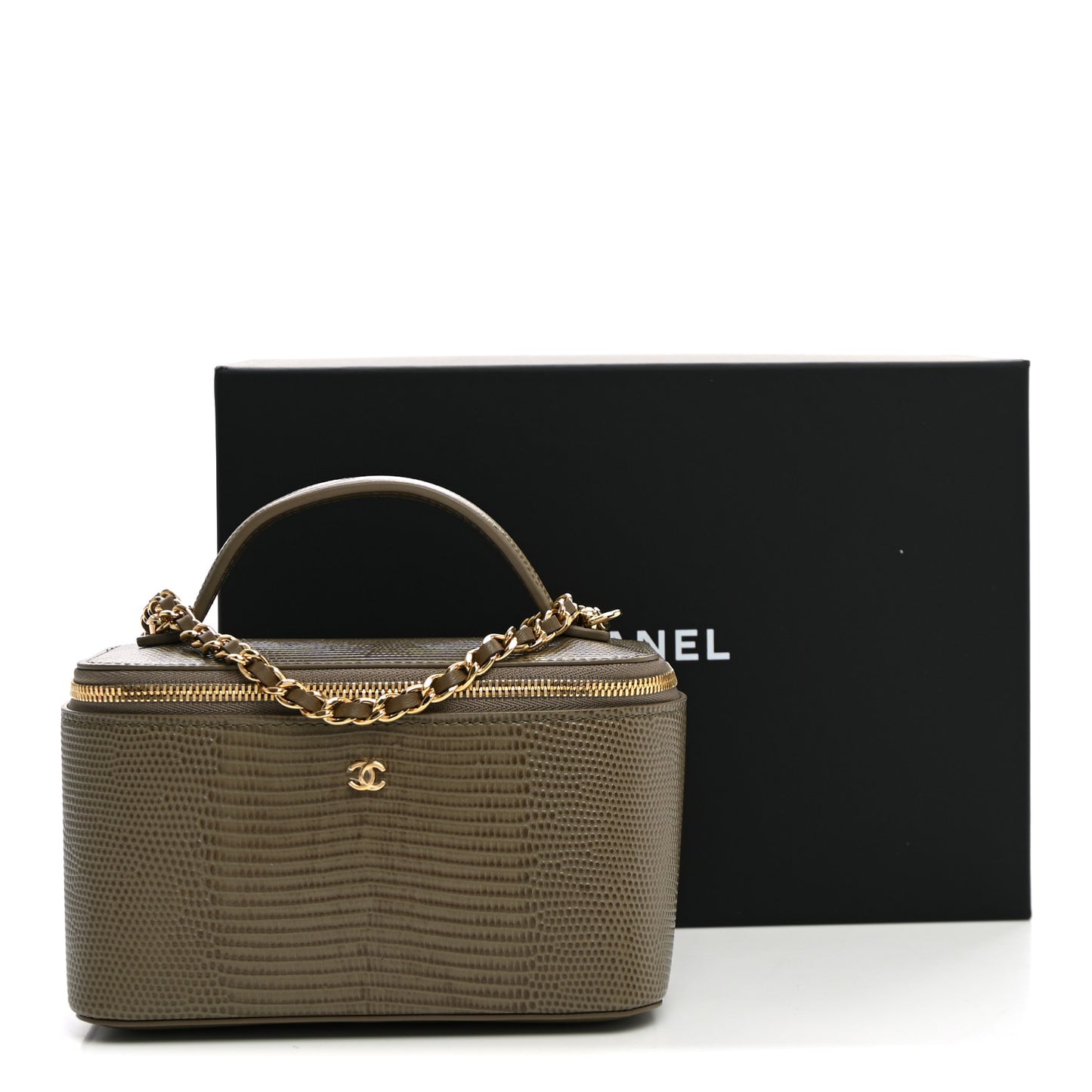 Calfskin Lizard Embossed Top Handle Slim Vanity With Chain  Dark Khaki