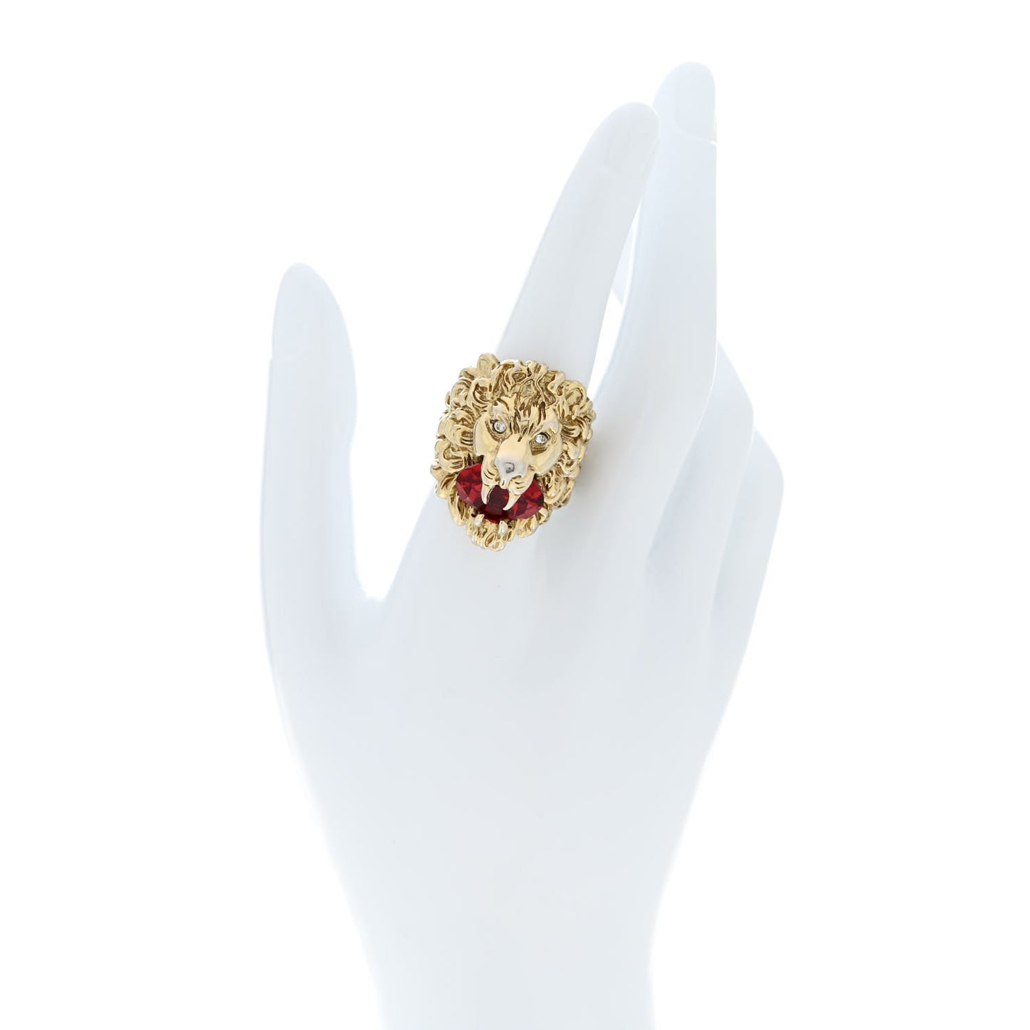 Metal Crystal Lion Head Ring L Red Gold