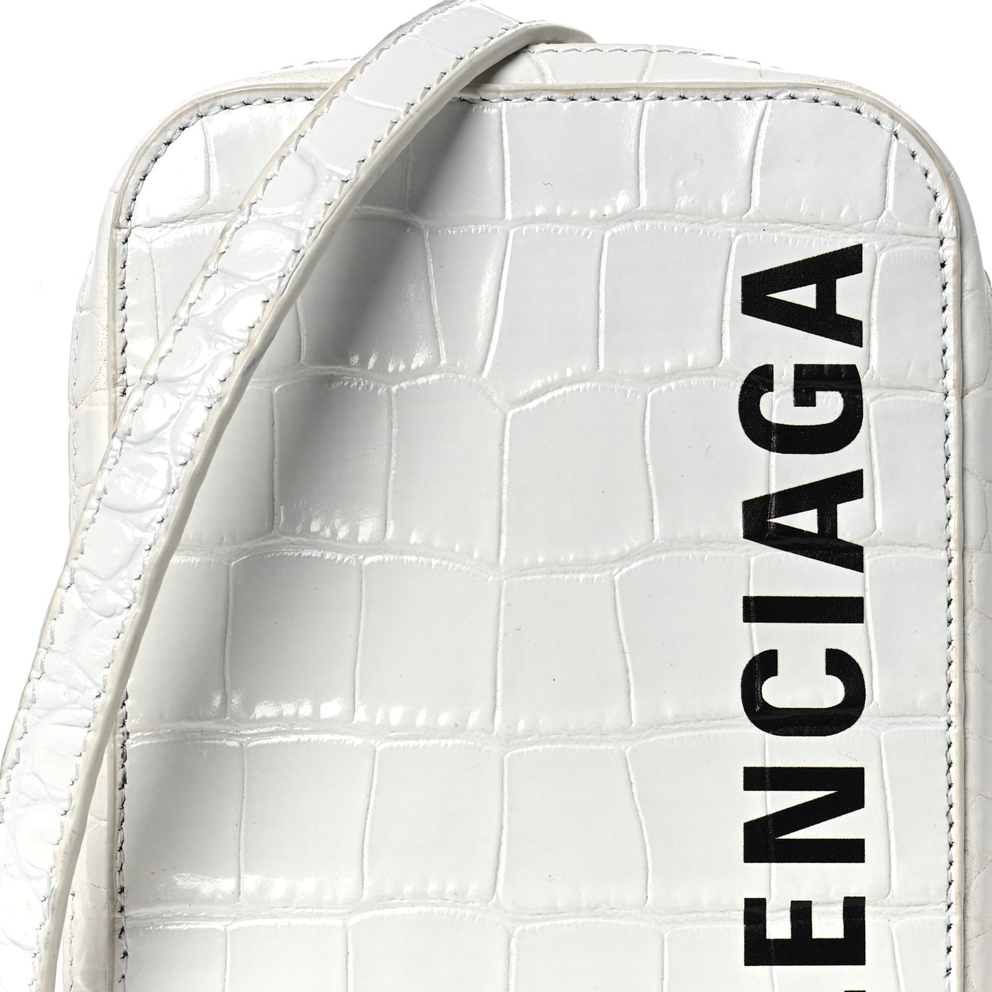 Shiny Calfskin Logo Crocodile Embossed Cash Phone Holder Bag White Black