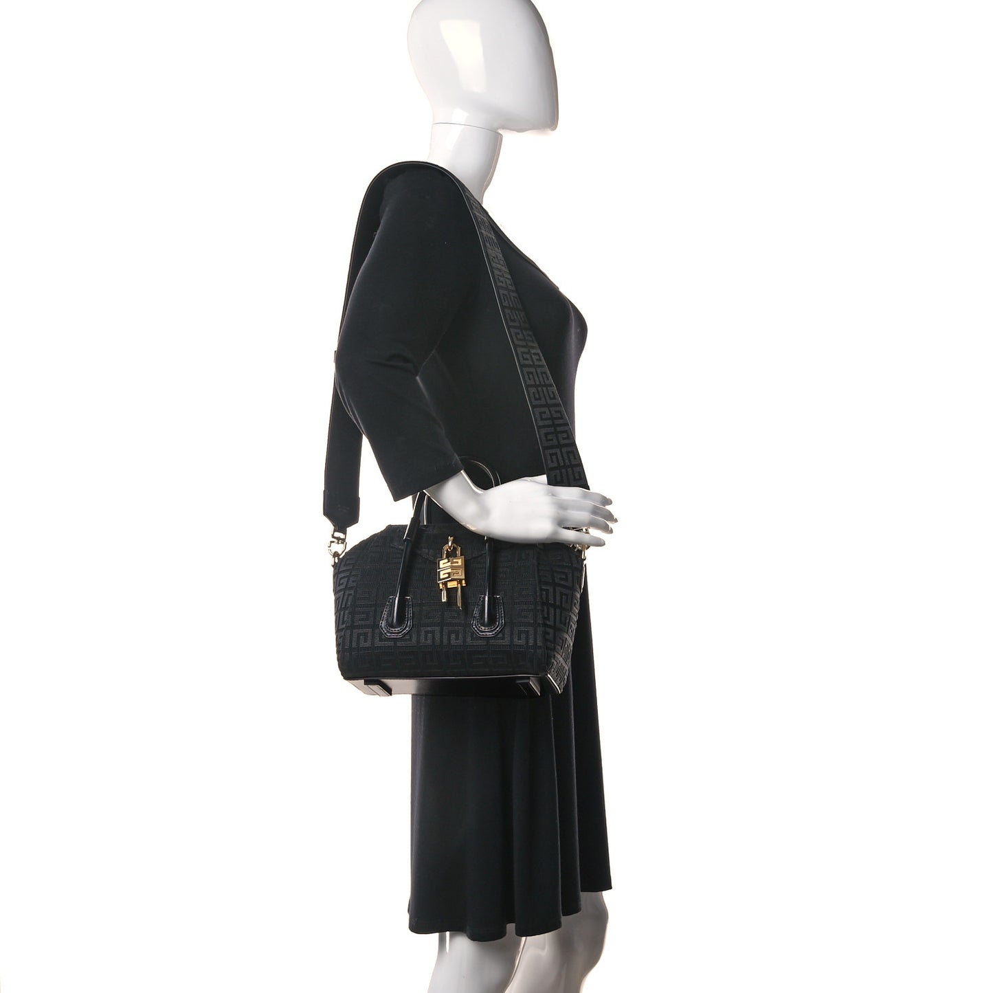 Embroidered Canvas Mini Lock Antigona Shoulder Bag Black