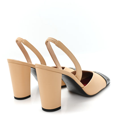 Chanel Lambskin Patent Calfskin Cap Toe CC Slingback Pumps 37 Beige Black 4 of 9