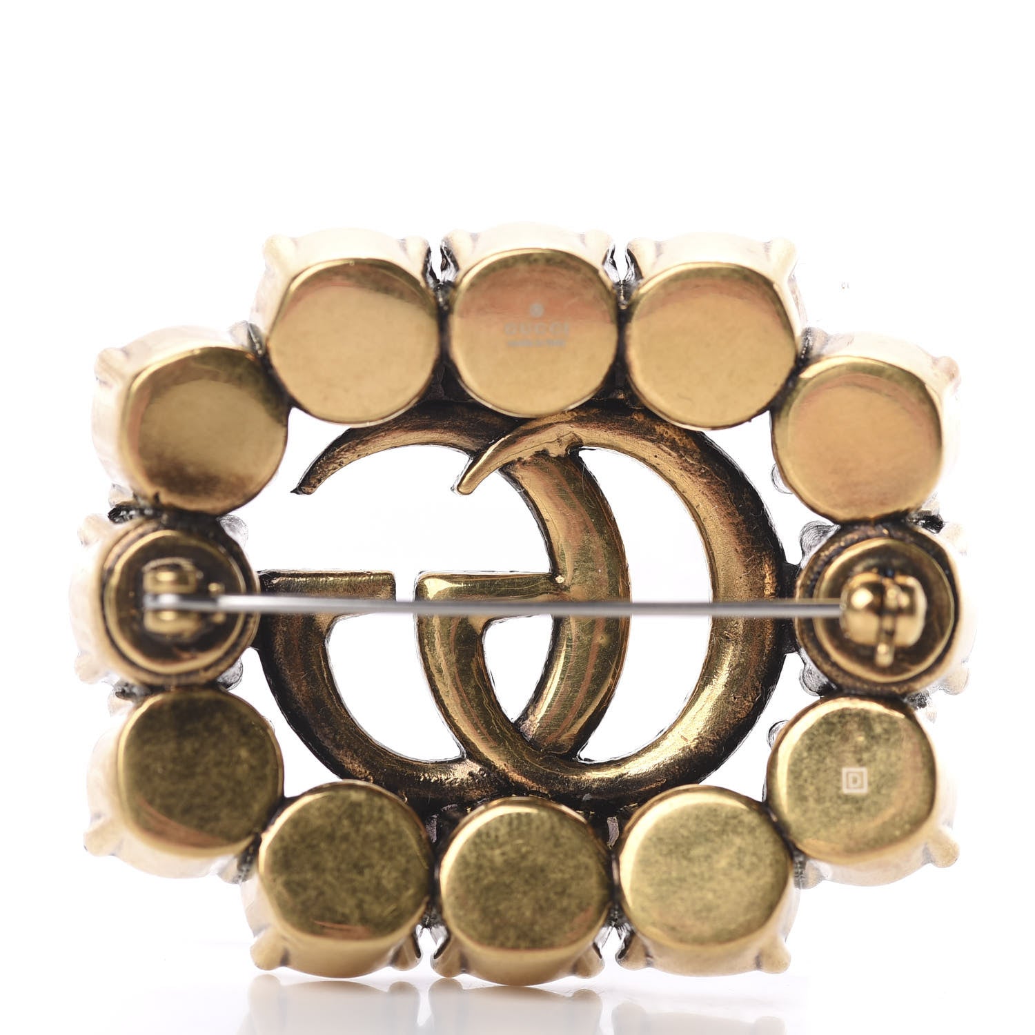 Gucci Metal Crystal Double G Brooch Aged Gold 2 of 3
