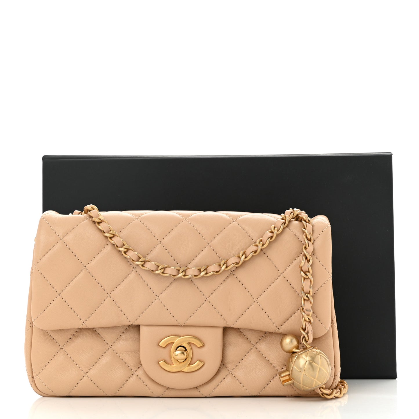 Lambskin Quilted Mini Rectangular Pearl Crush Flap Beige