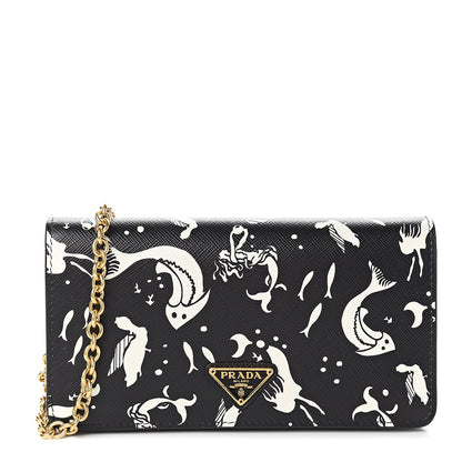 Prada Saffiano Triangle Logo Mermaid Print Mini Crossbody Bag Black 1 of 8