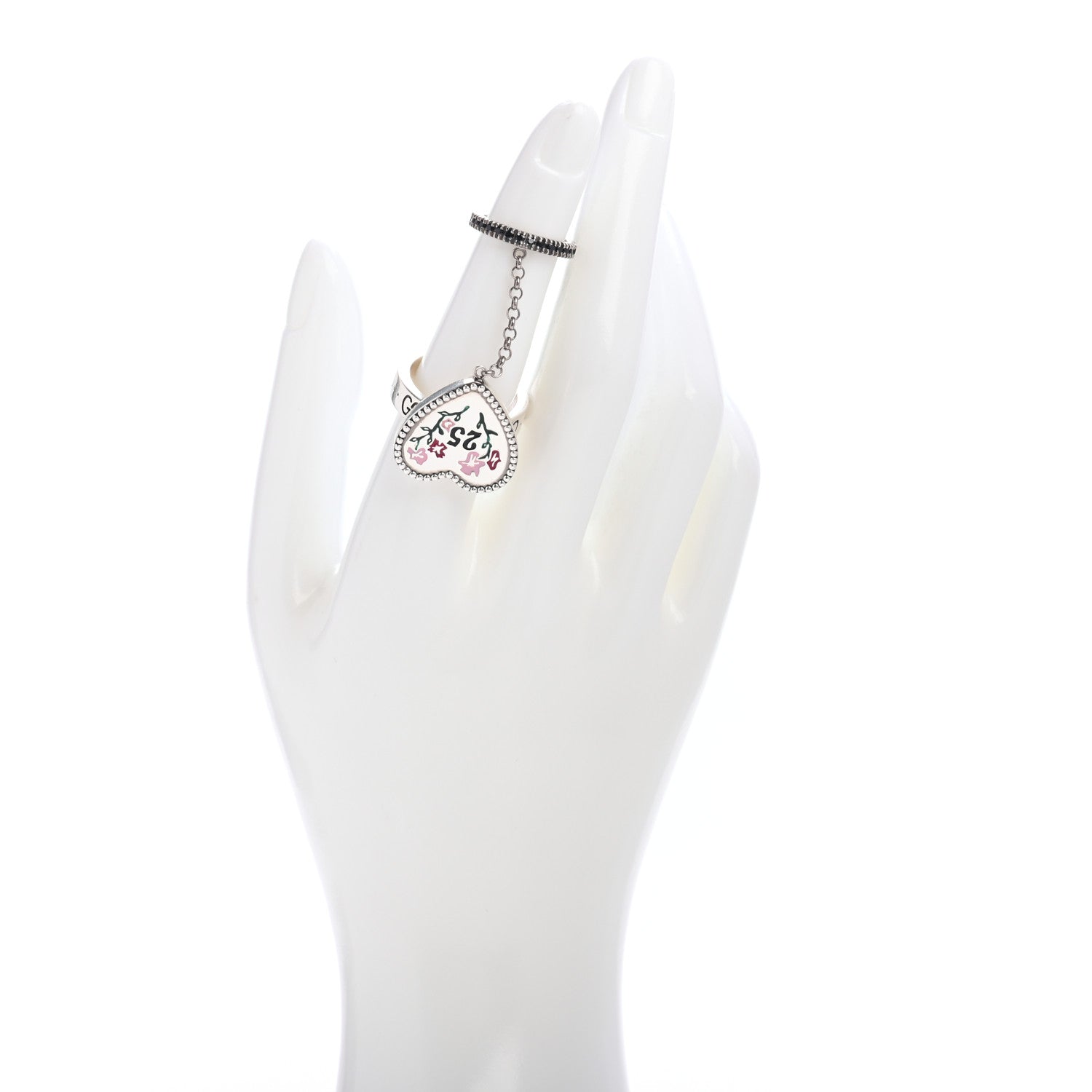 Gucci Sterling Silver Black Spinel Heart 25 Chain Ring 56 7.5 2 of 6