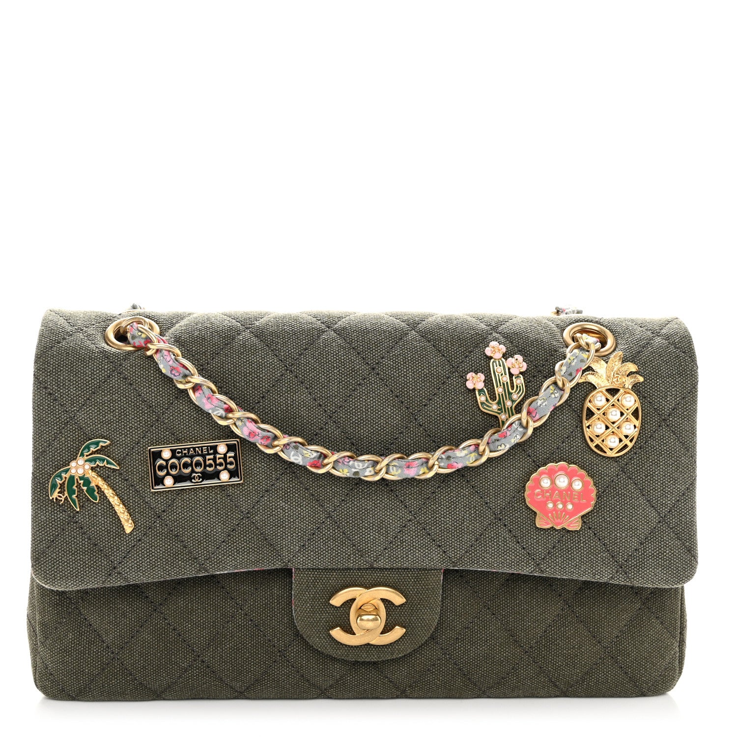 Chanel Toile Quilted Medium Cuba Double Flap Khaki 1 of 10