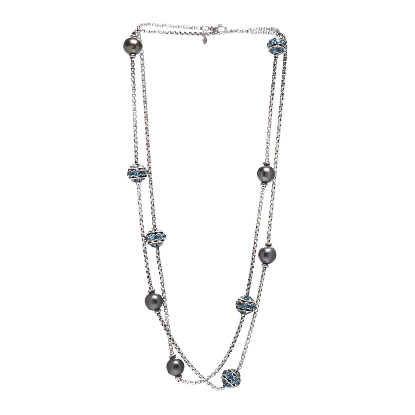Sterling Silver Black Pearl Blue Zircon Sautoir Station Necklace