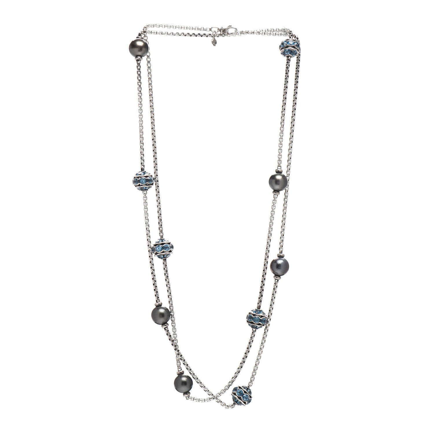 David Yurman Sterling Silver Black Pearl Blue Zircon Sautoir Station Necklace 3 of 4