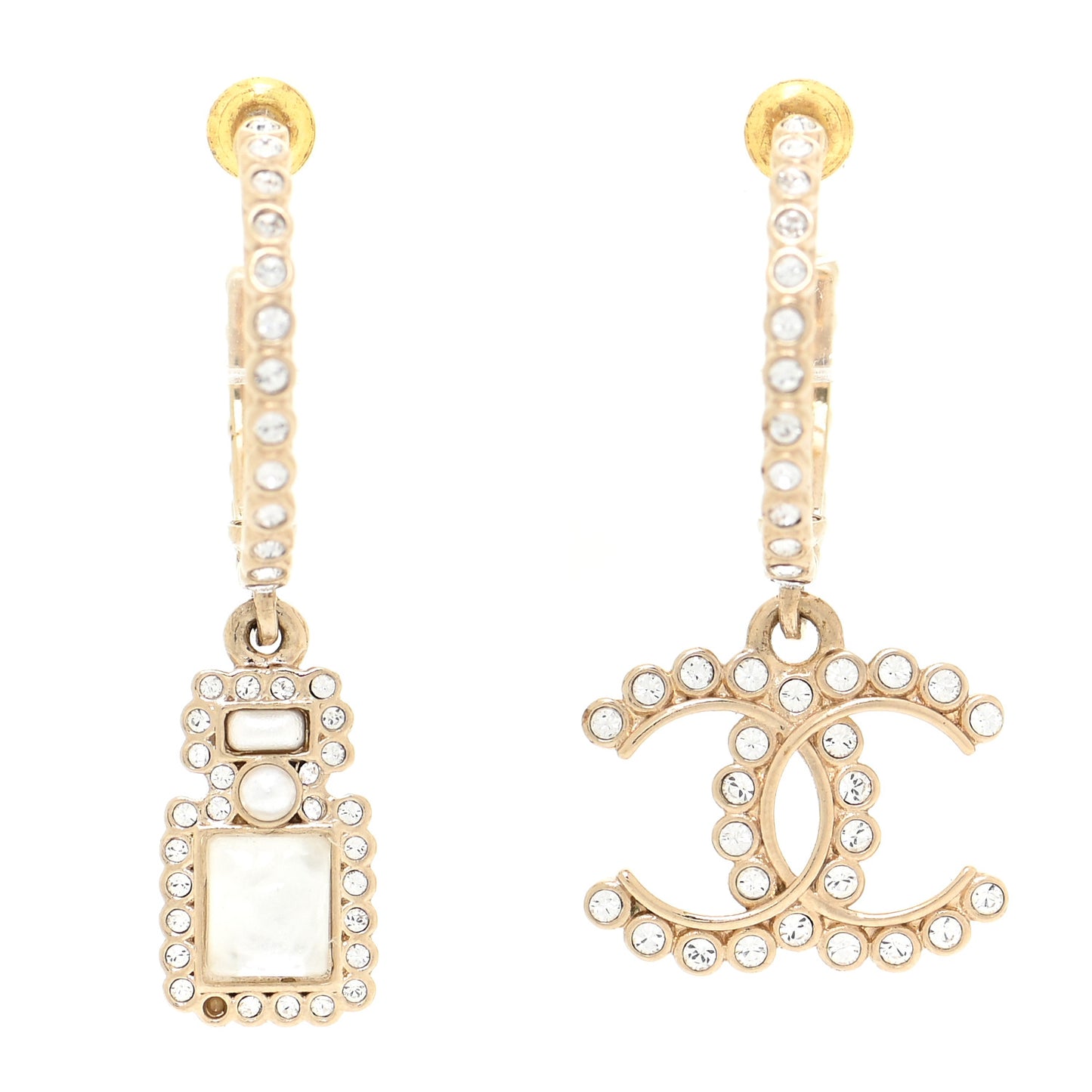 Crystal Pearl CC Perfume Bottle Drop Hoop Earrings Gold