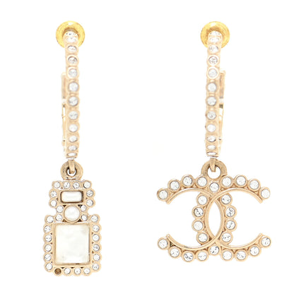 Chanel Crystal Pearl CC Perfume Bottle Drop Hoop Earrings Gold 1 of 5