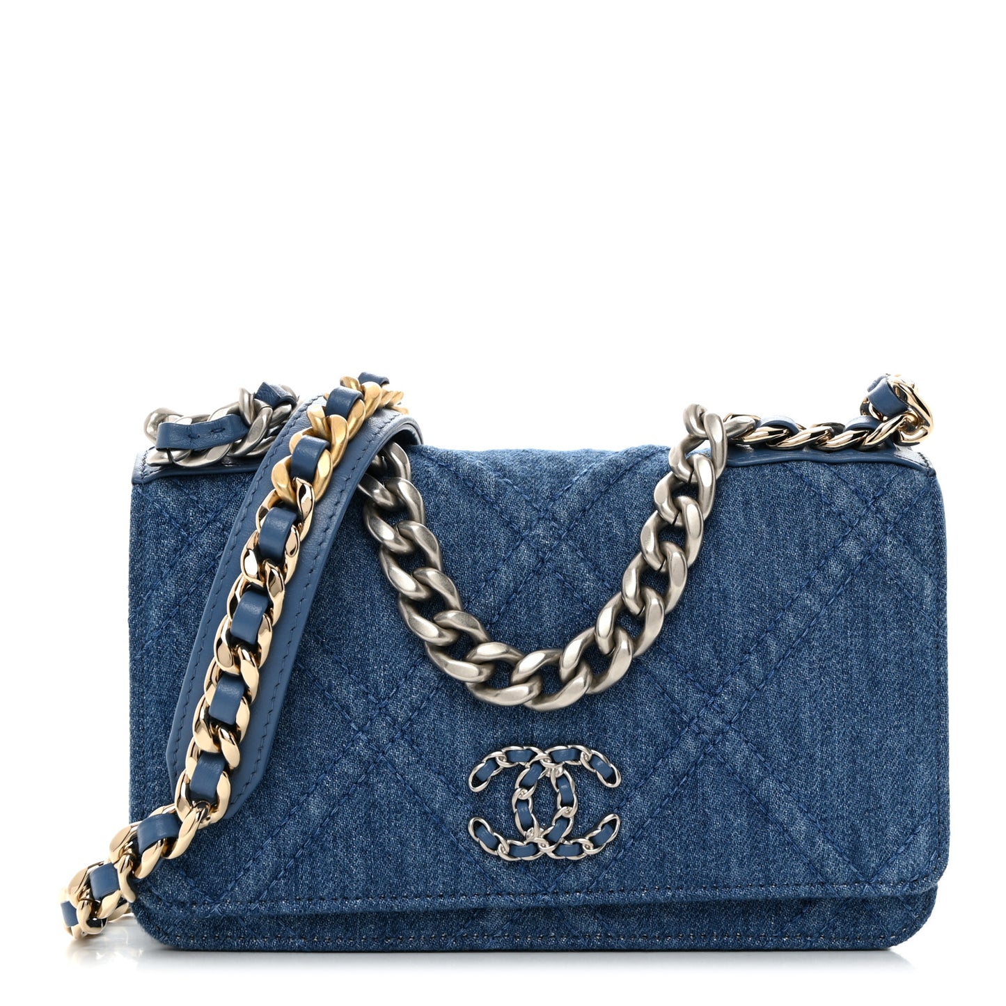 Denim Quilted Chanel 19 Wallet On Chain WOC Blue