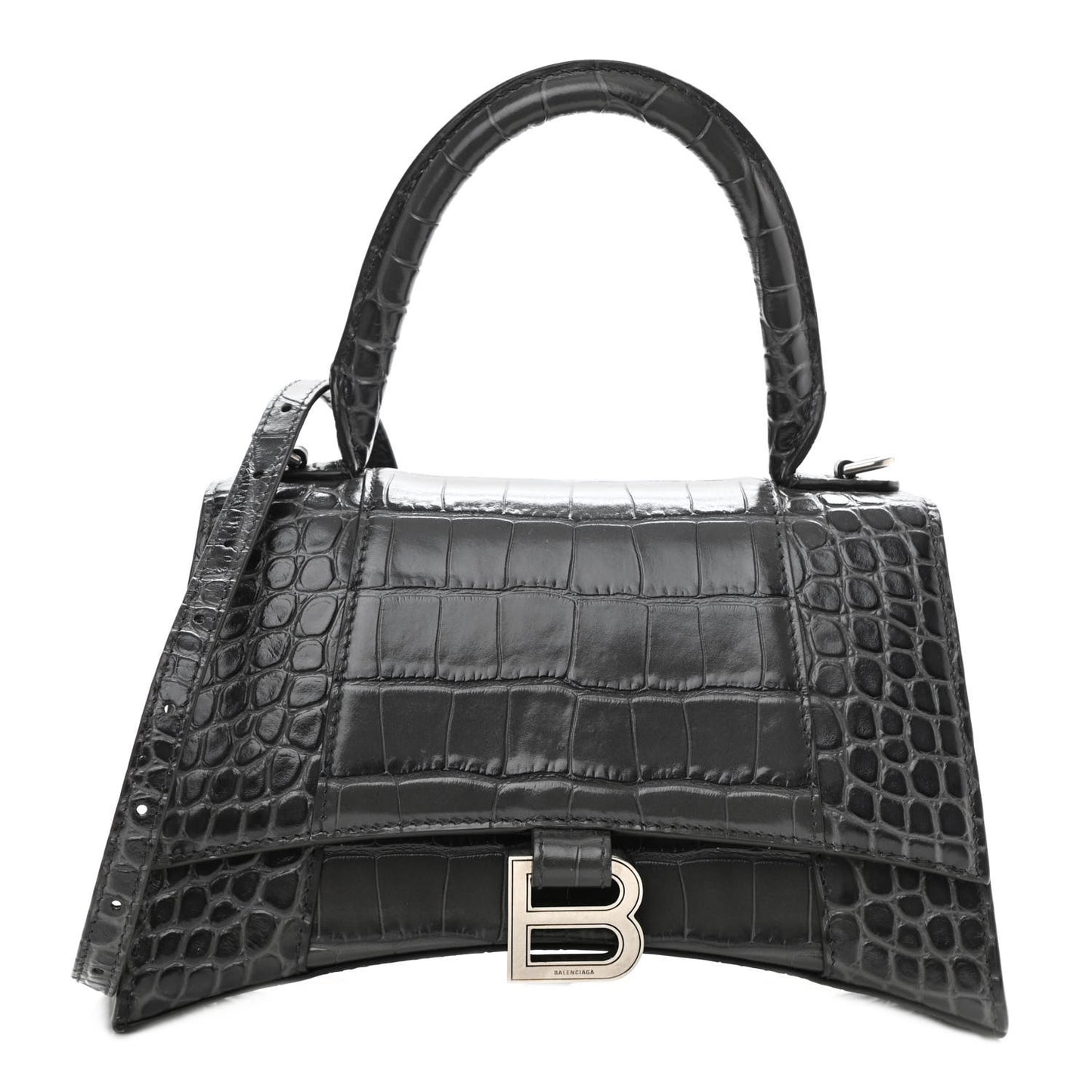 Shiny Calfskin Crocodile Embossed Small Hourglass Top Handle Bag Dark Grey