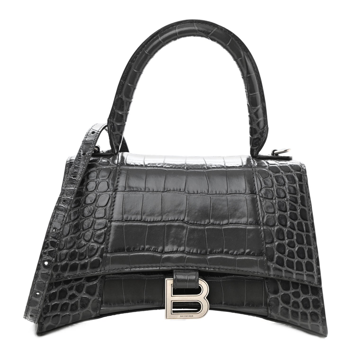 Balenciaga Shiny Calfskin Crocodile Embossed Small Hourglass Top Handle Bag Dark Grey 1 of 10