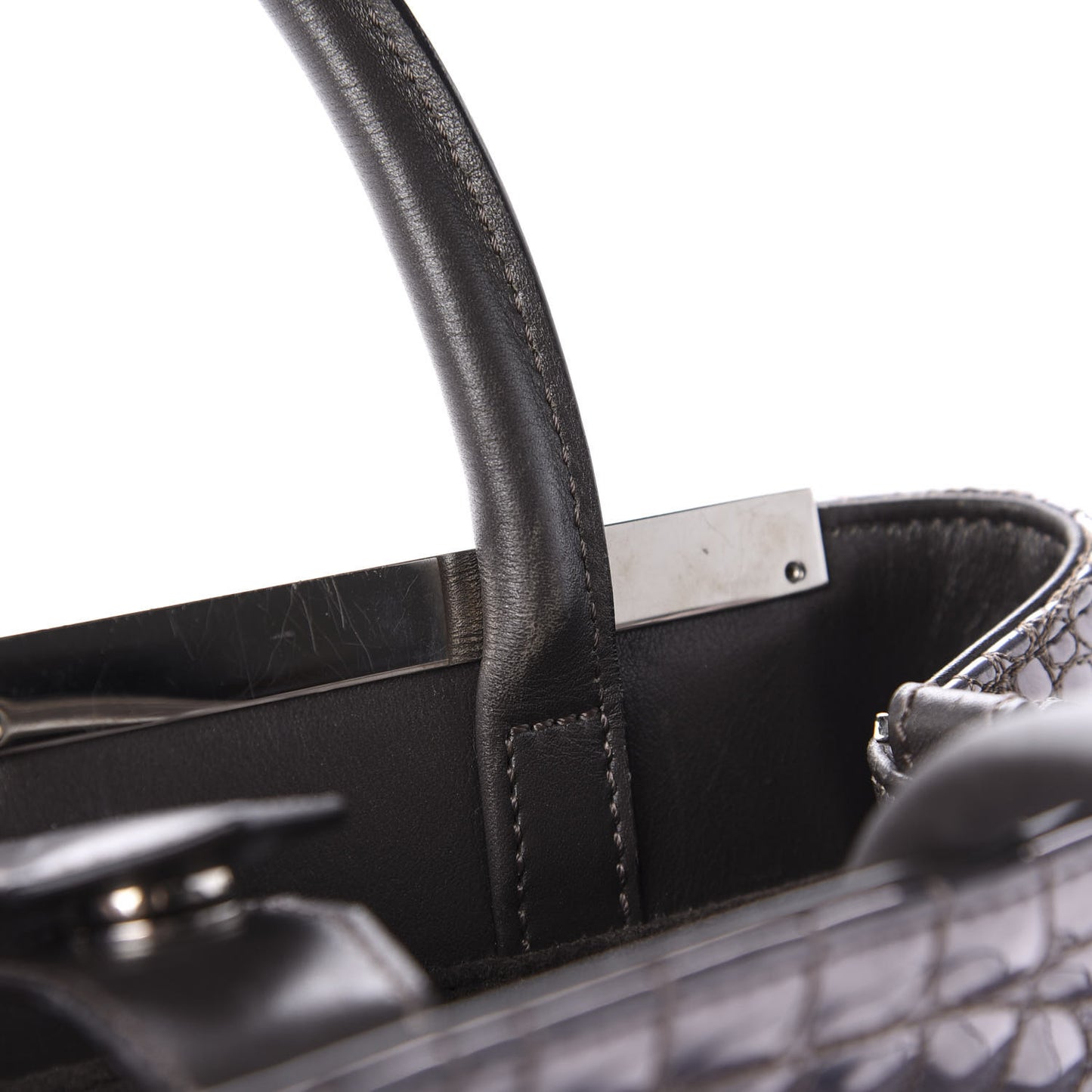Metallic Calfskin Crocodile Embroidered Petite 2Jours Tote Silver Mirror