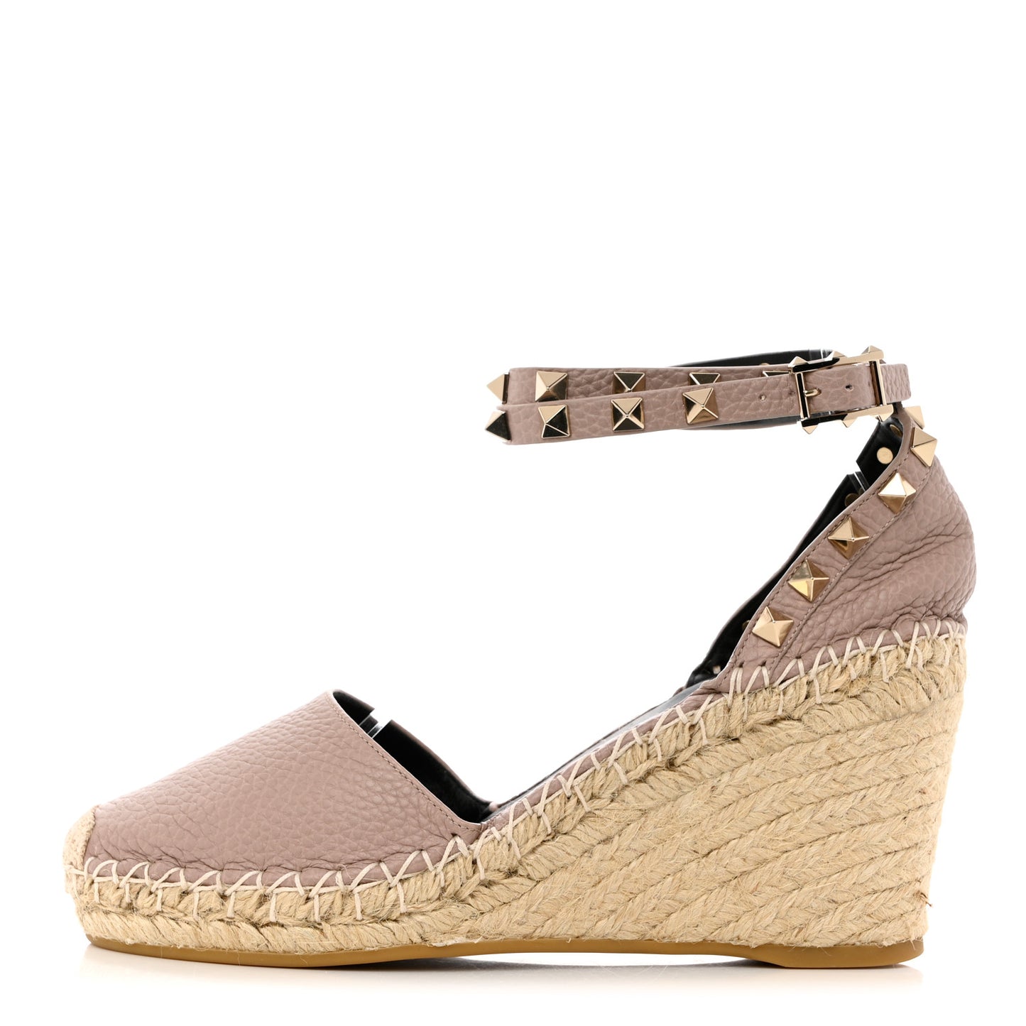 Grained Calfskin Rockstud Ankle Wrap Espadrille 15/85mm Wedges 36 Poudre Natural