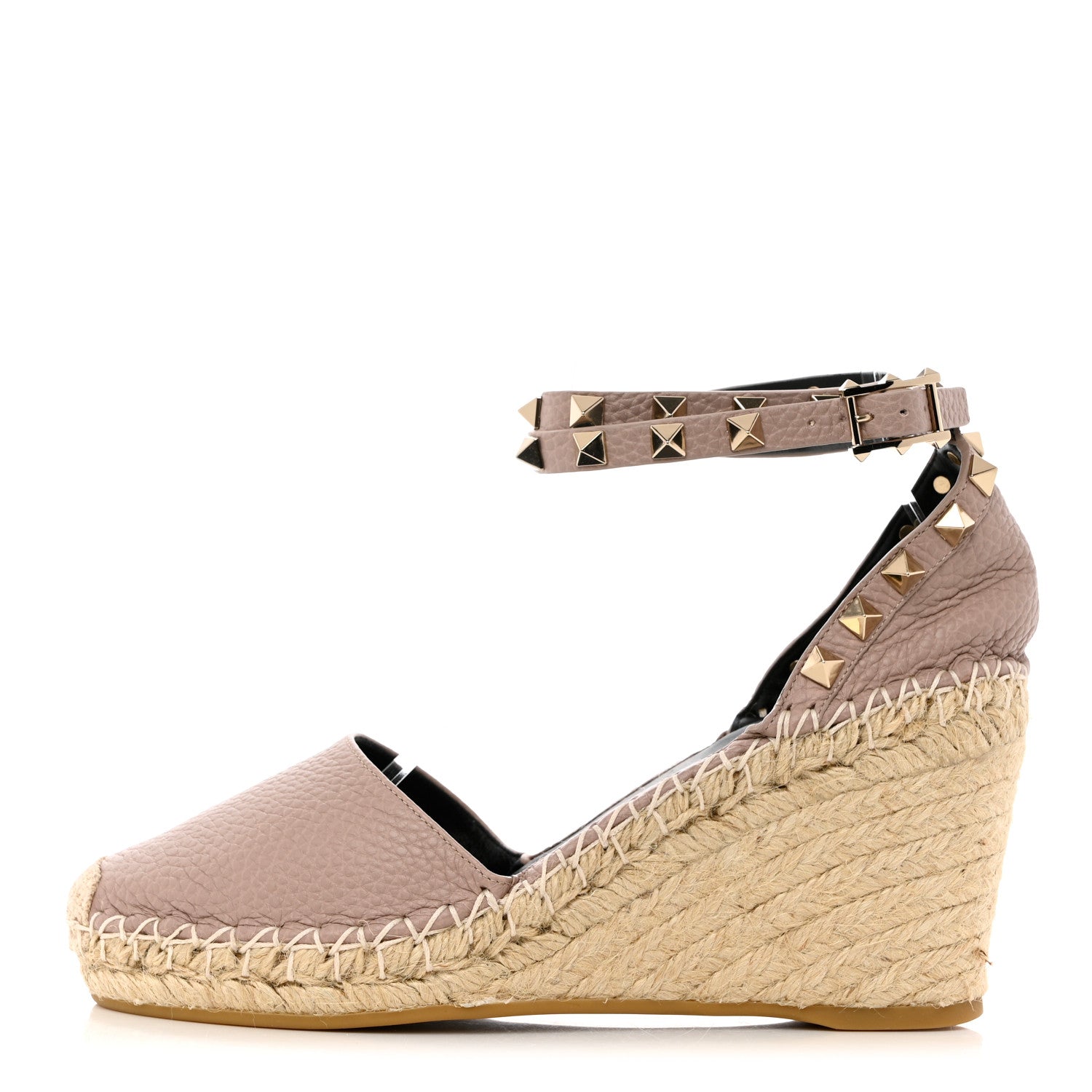Valentino Garavani Grained Calfskin Rockstud Ankle Wrap Espadrille 15/85mm Wedges 36 Poudre Natural 1 of 9