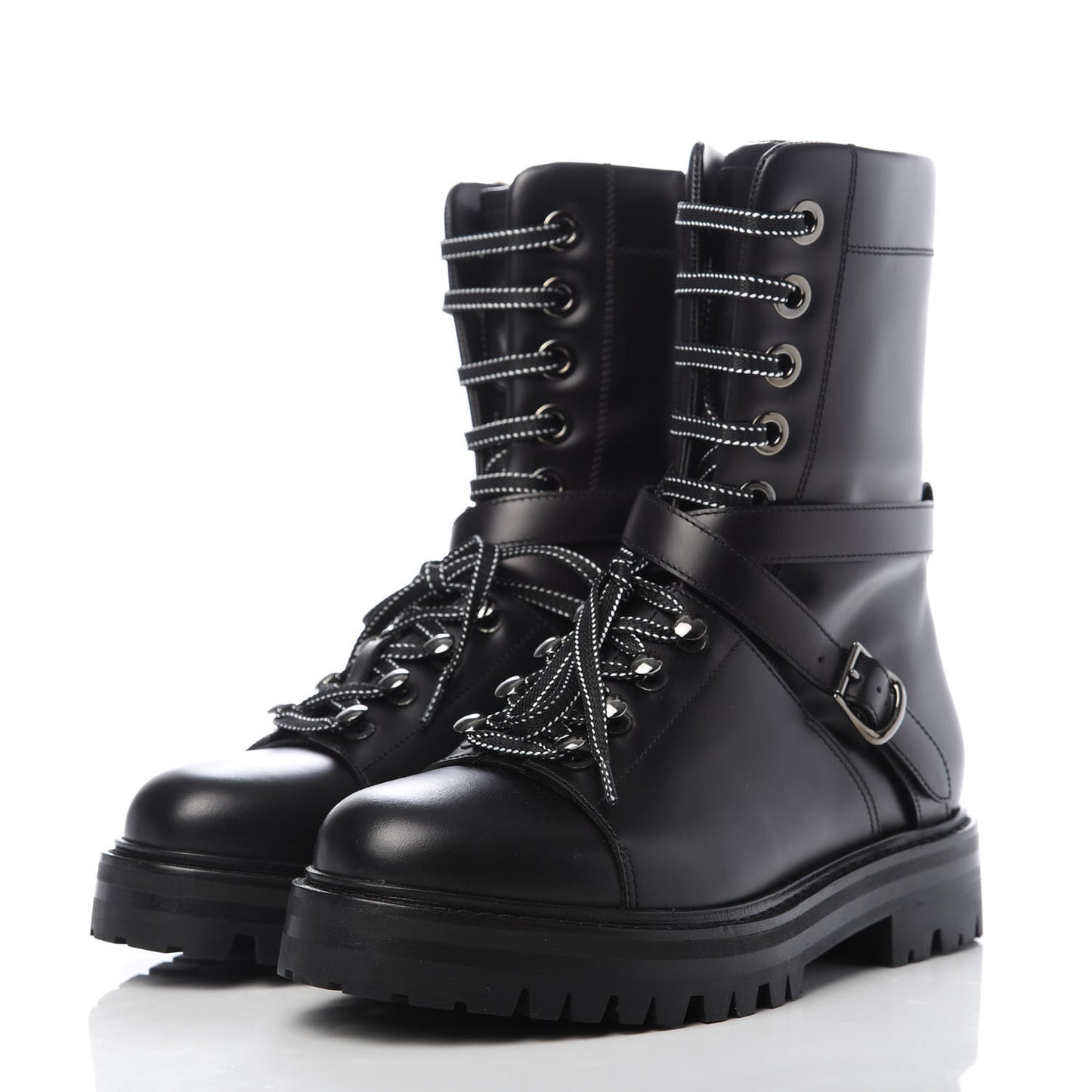 Smooth Calfskin Rockstud Buckled 25mm Combat Boots 37 Black