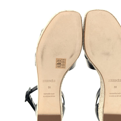 Hermes Goatskin Doll 60 Espadrille Wedge Sandals 39 Black 8 of 9