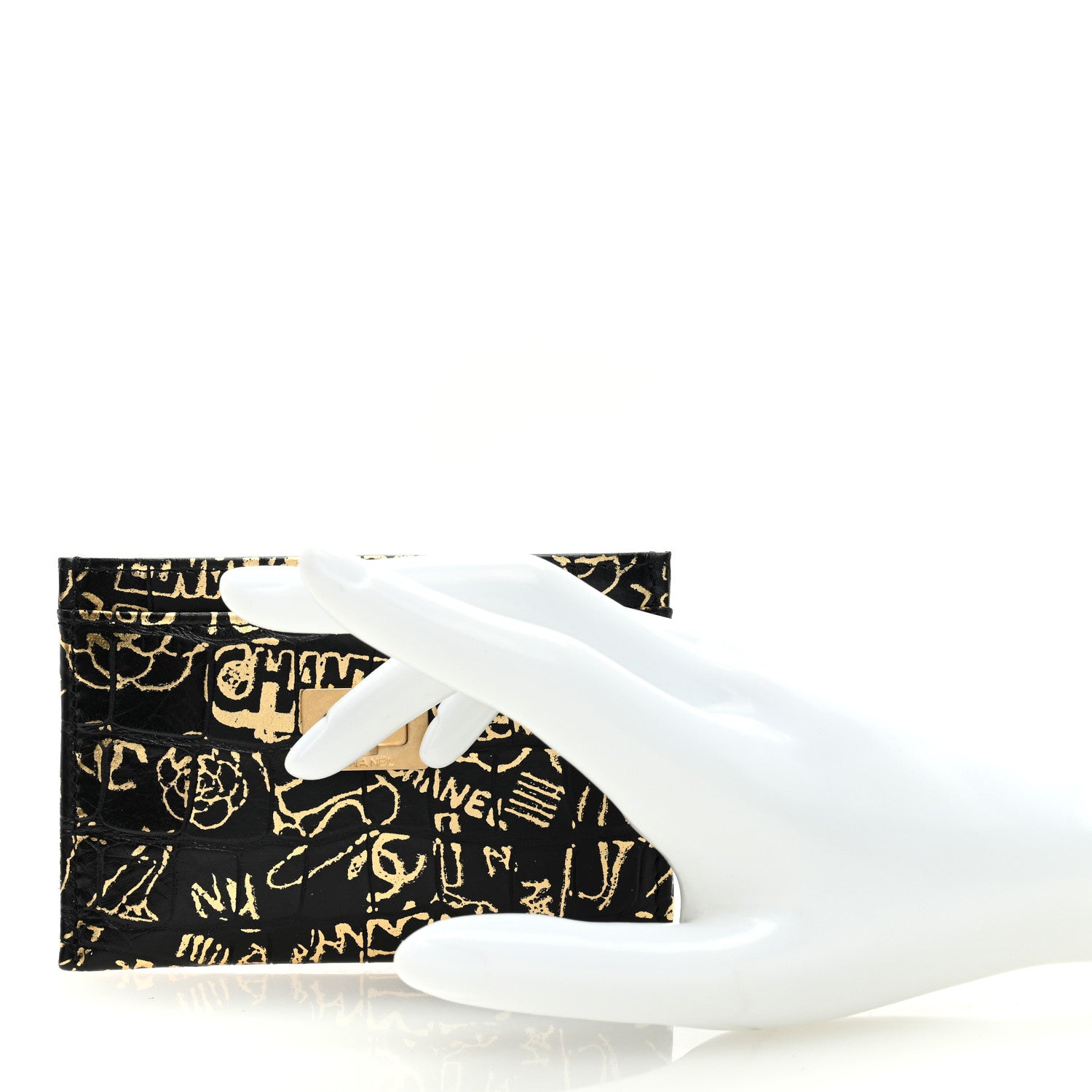 Chanel Calfskin Crocodile Embossed Graffiti 2.55 Cocodile Reissue Card Holder Black Gold 2 of 7