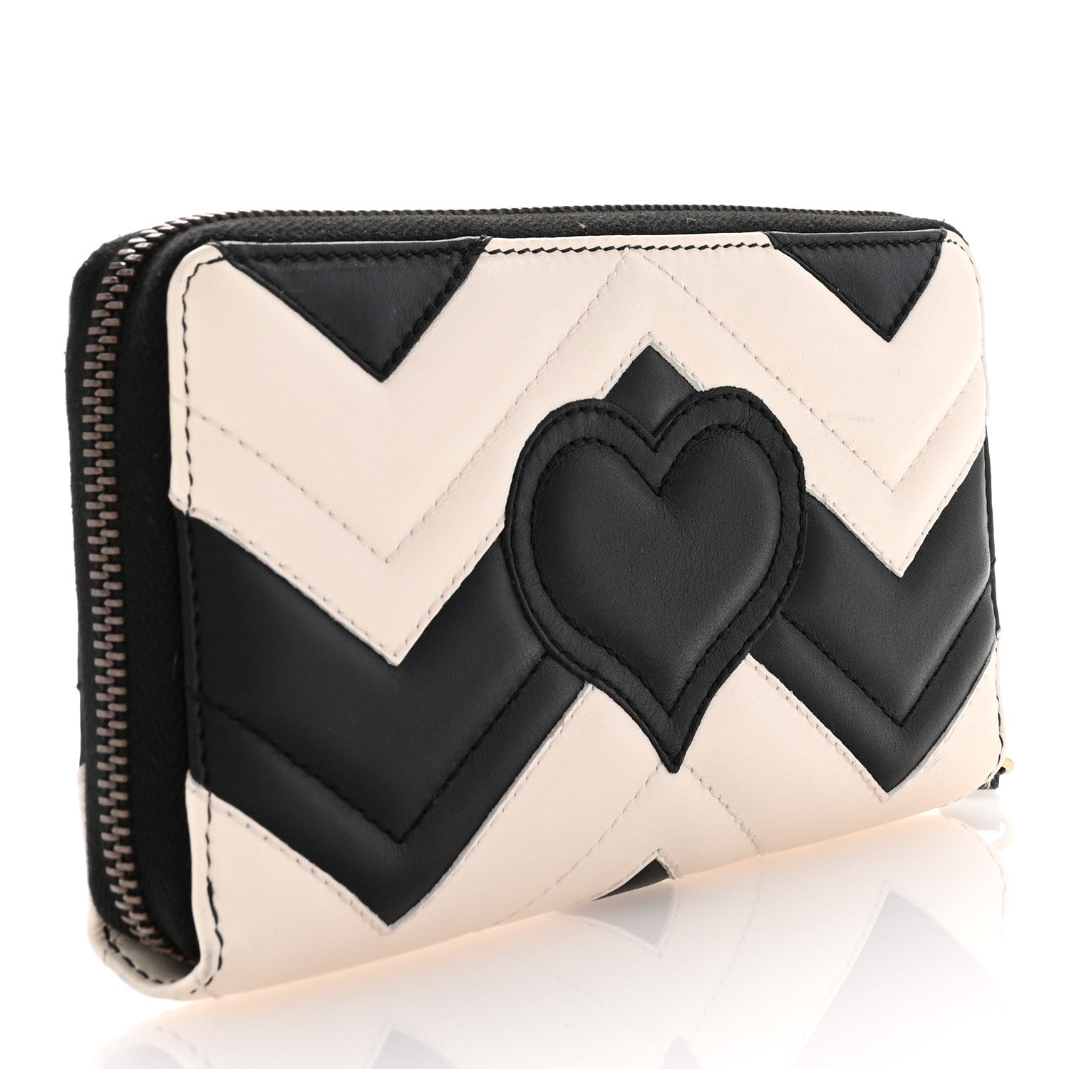Gucci Calfskin Matelasse GG Marmont Zip Around Wallet Black White 3 of 8