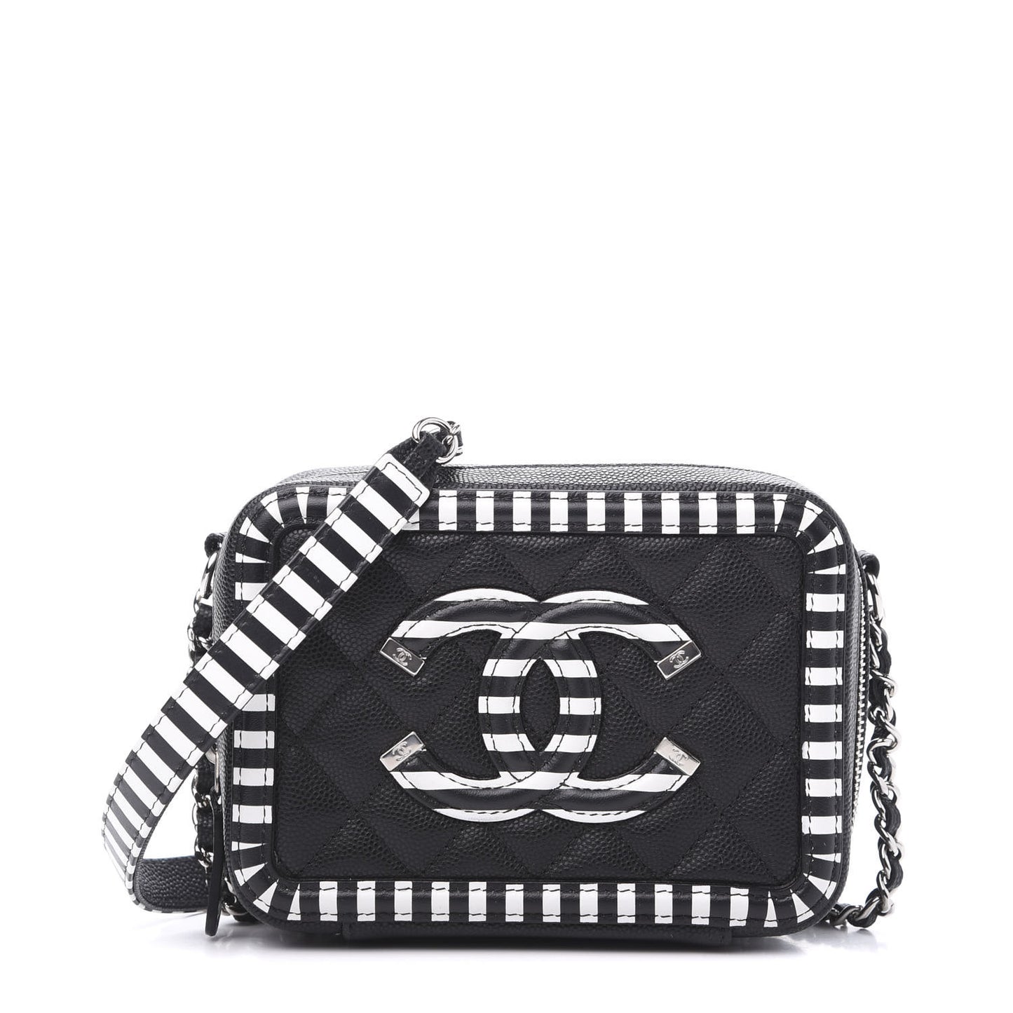 Caviar Quilted Striped Filigree Vanity Clutch With Chain Black White