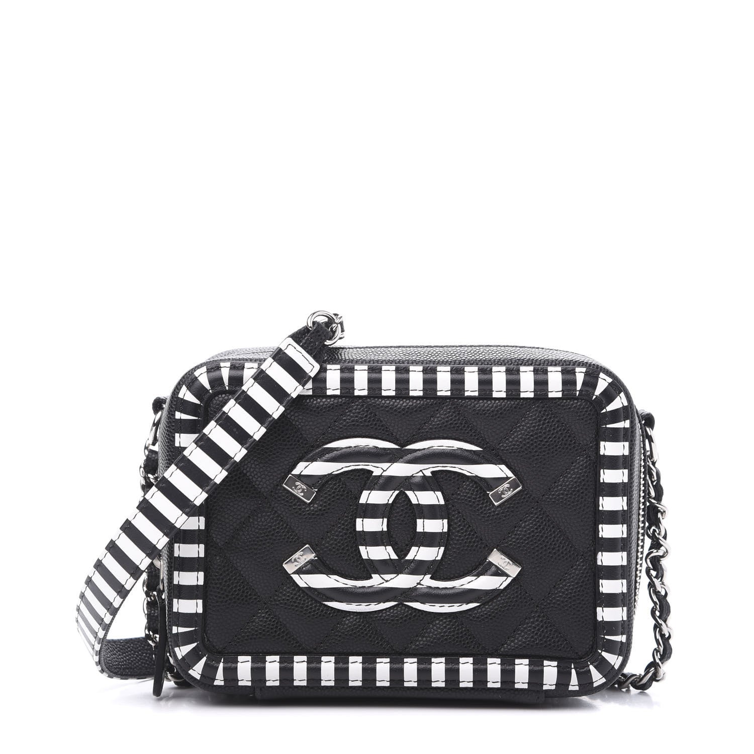 Chanel Caviar Quilted Striped Filigree Vanity Clutch With Chain Black White 1 of 10