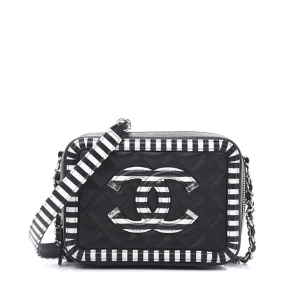 Chanel Caviar Quilted Striped Filigree Vanity Clutch With Chain Black White 1 of 10