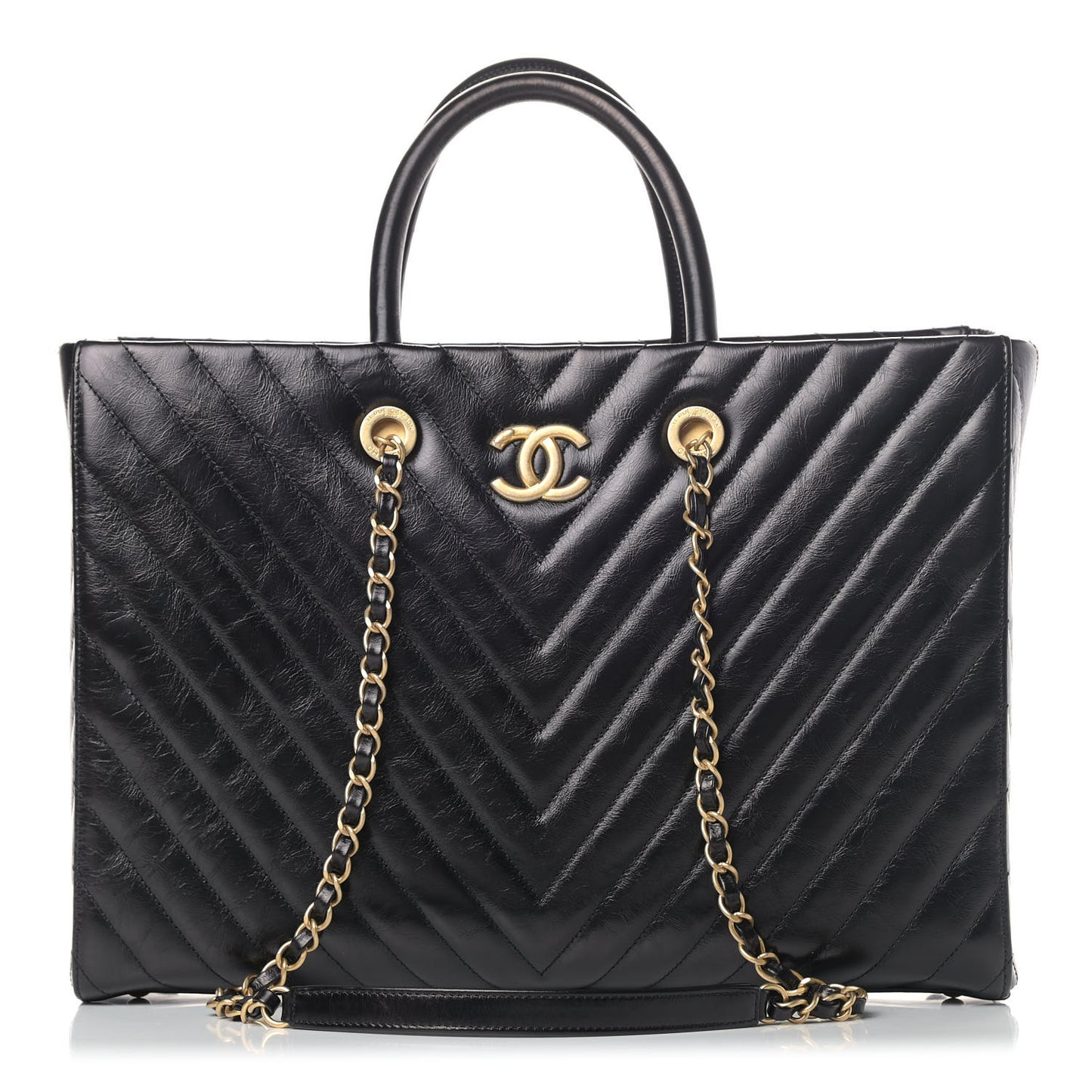 Aged Calfskin Chevron Large Coco Handle Shopping Tote Black