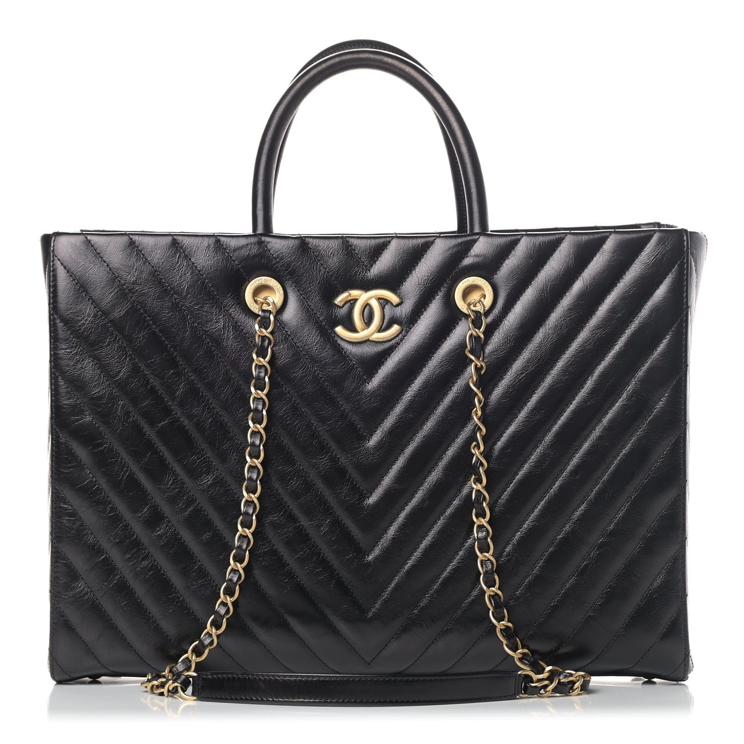 Chanel Aged Calfskin Chevron Large Coco Handle Shopping Tote Black 1 of 5