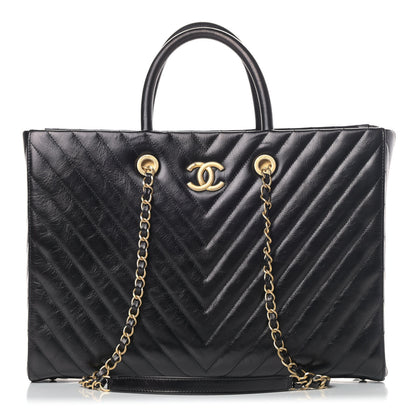 Chanel Aged Calfskin Chevron Large Coco Handle Shopping Tote Black 1 of 5