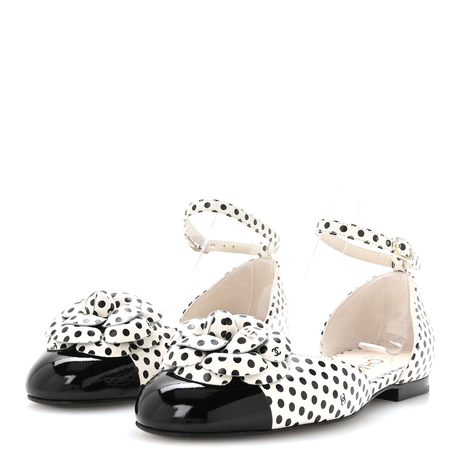 Chanel Calfskin Printed Patent Cap Toe Polka Dot Camellia Mary Jane Flats 36 White Black 4 of 8