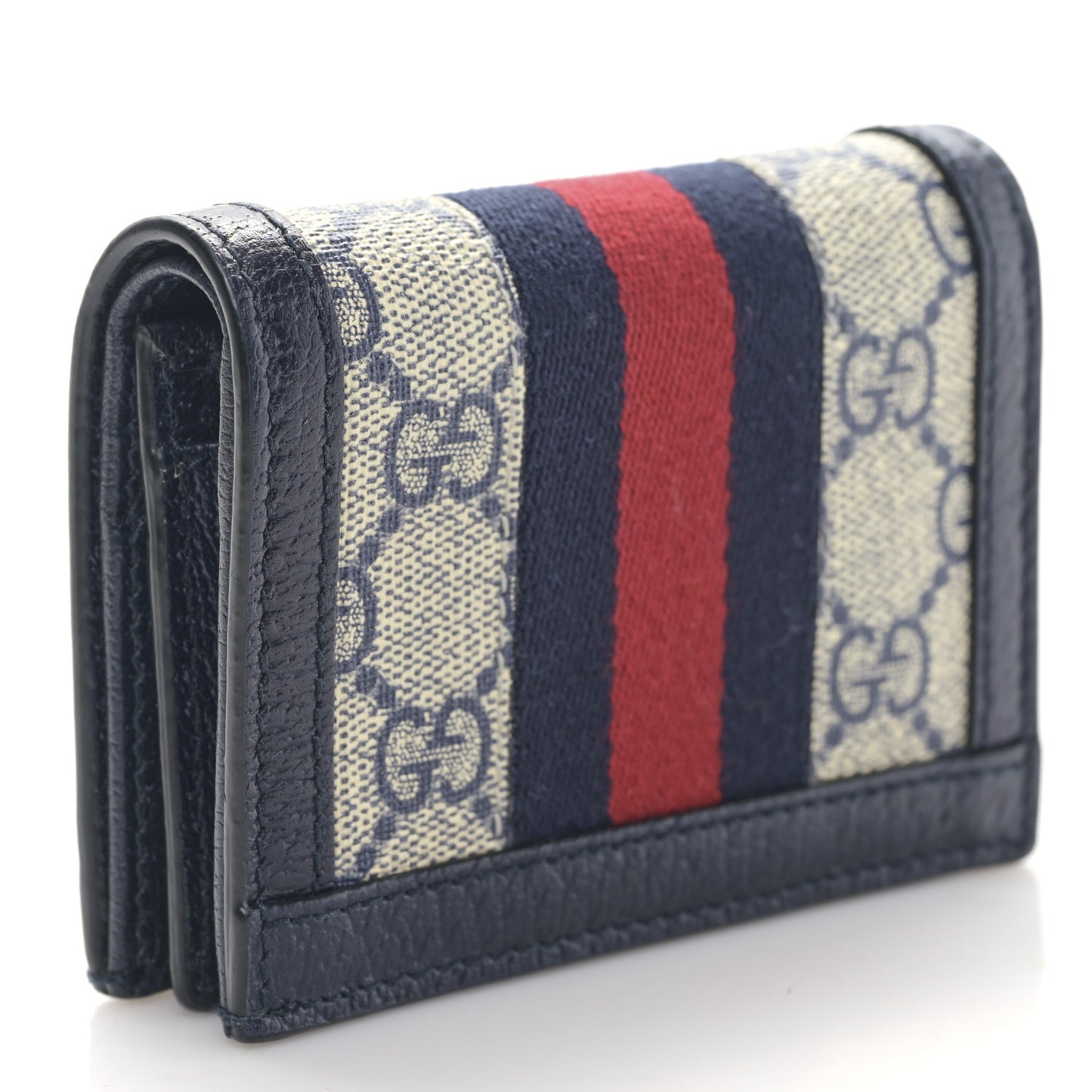 GG Supreme Monogram Textured Dollar Calfskin Web Ophidia Card Case Beige Blue