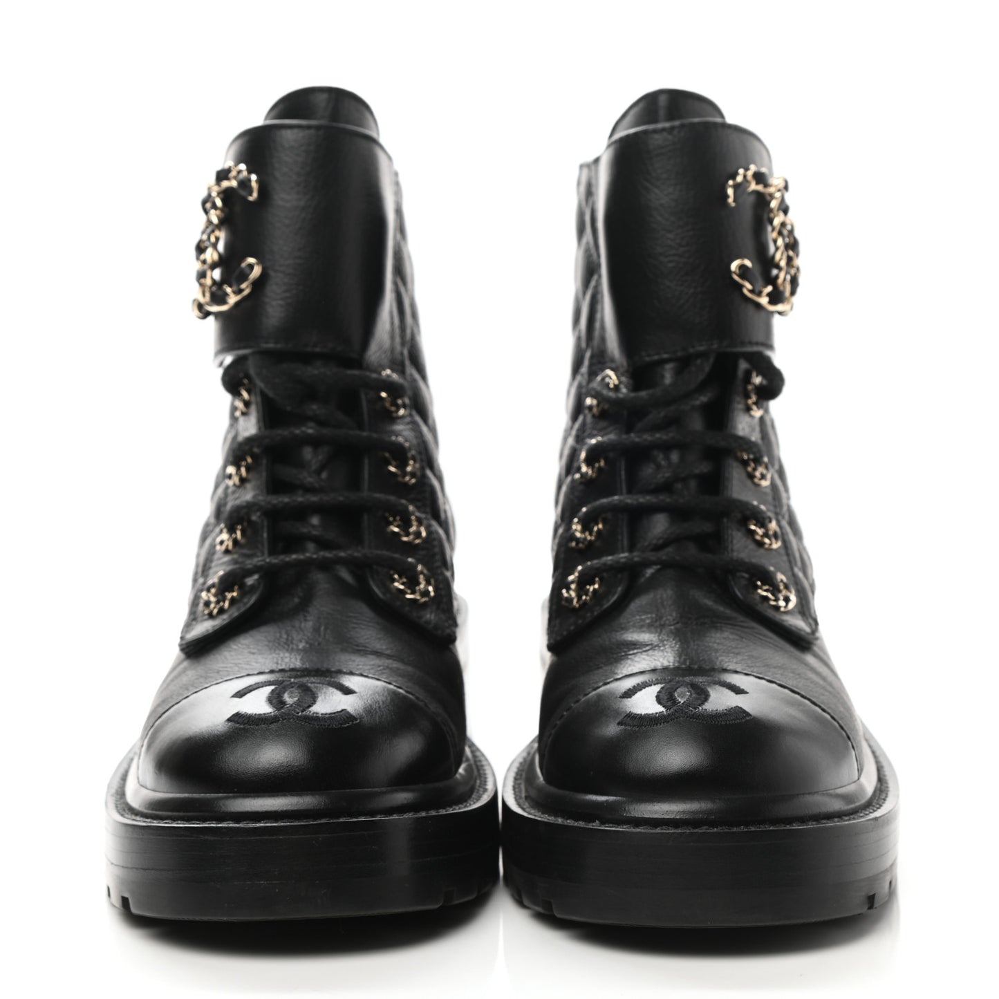 Shiny Goatskin Calfskin Quilted Lace Up Combat Boots 36 Black