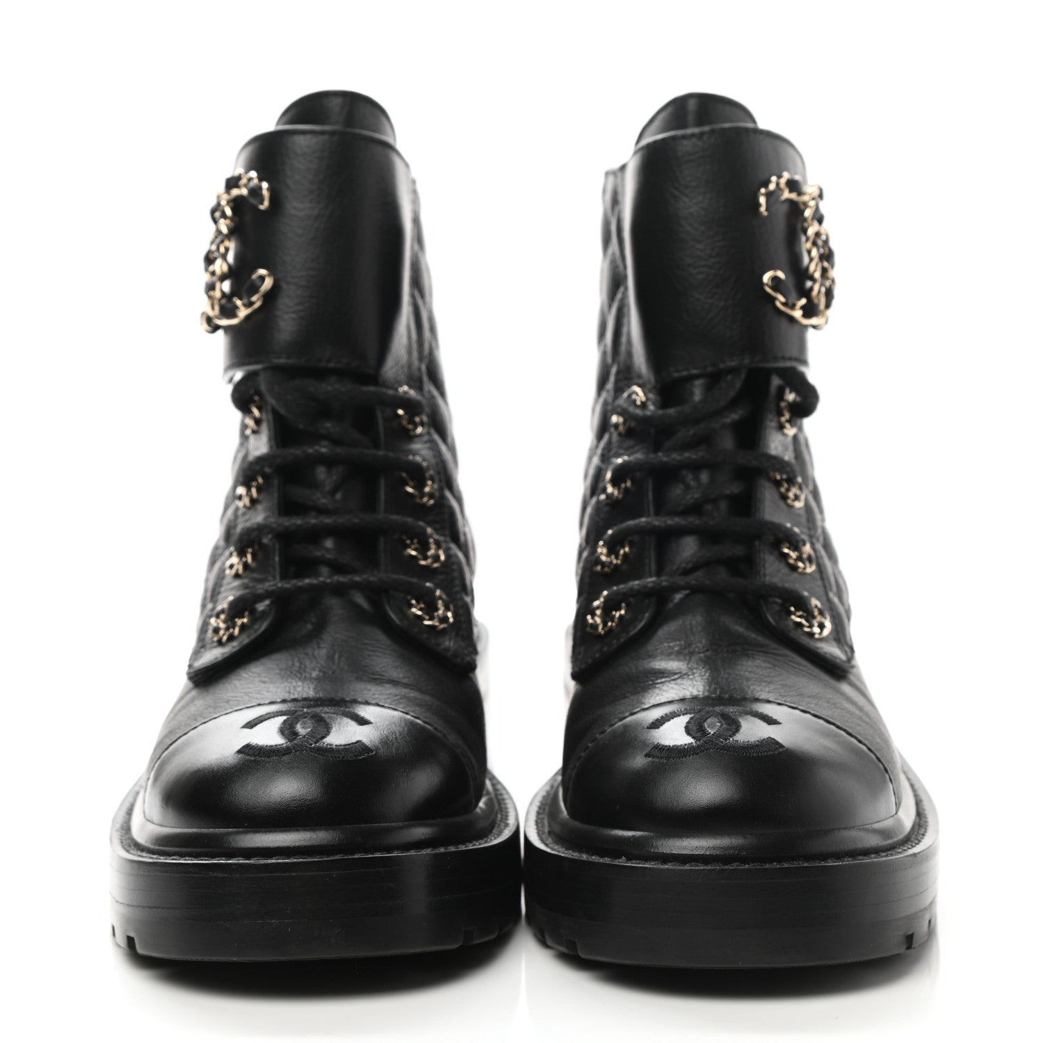 Chanel Shiny Goatskin Calfskin Quilted Lace Up Combat Boots 36 Black 2 of 10