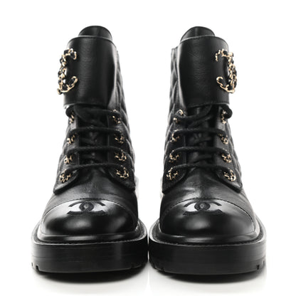 Chanel Shiny Goatskin Calfskin Quilted Lace Up Combat Boots 36 Black 2 of 10