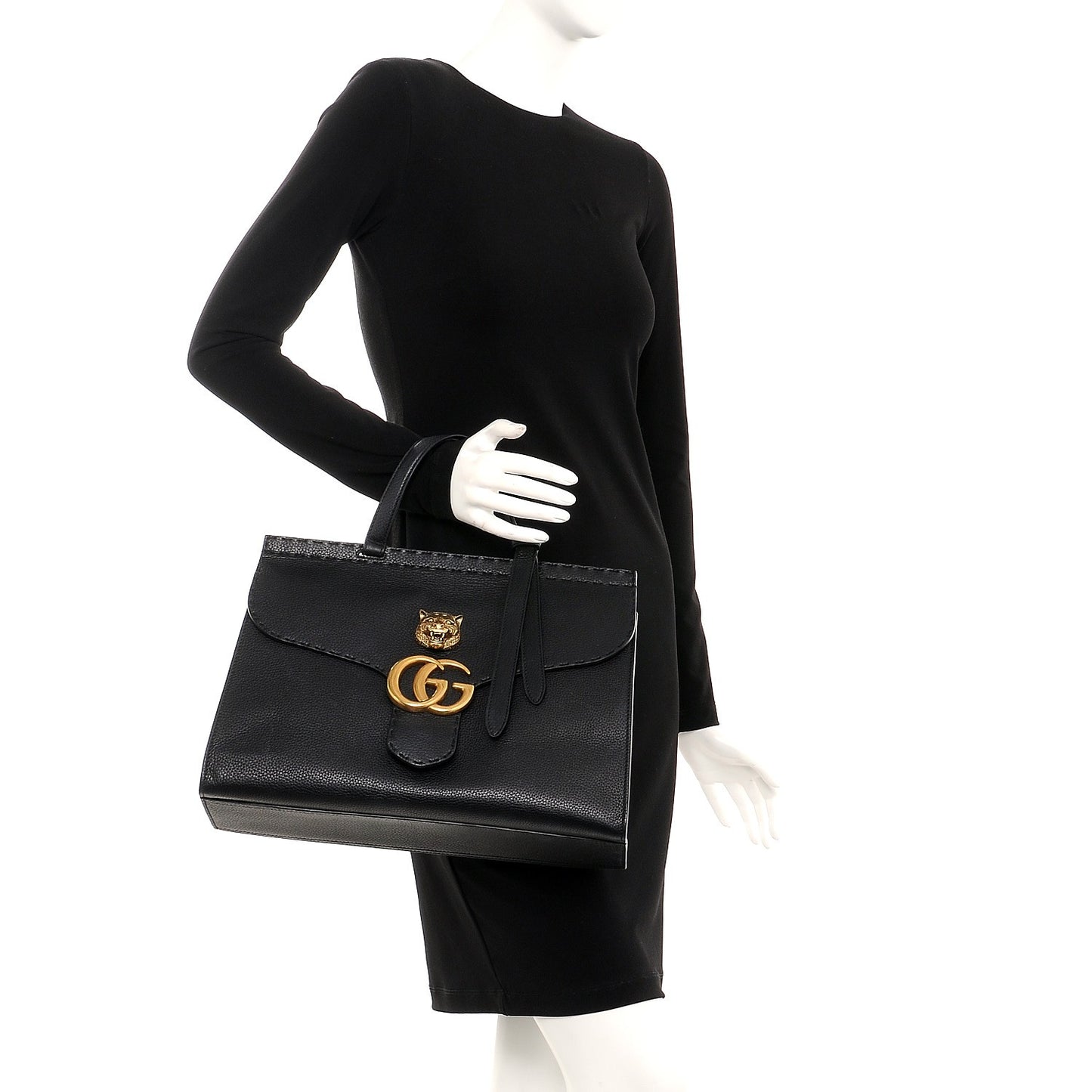 Calfskin Feline Medium GG Marmont Top Handle Bag Black
