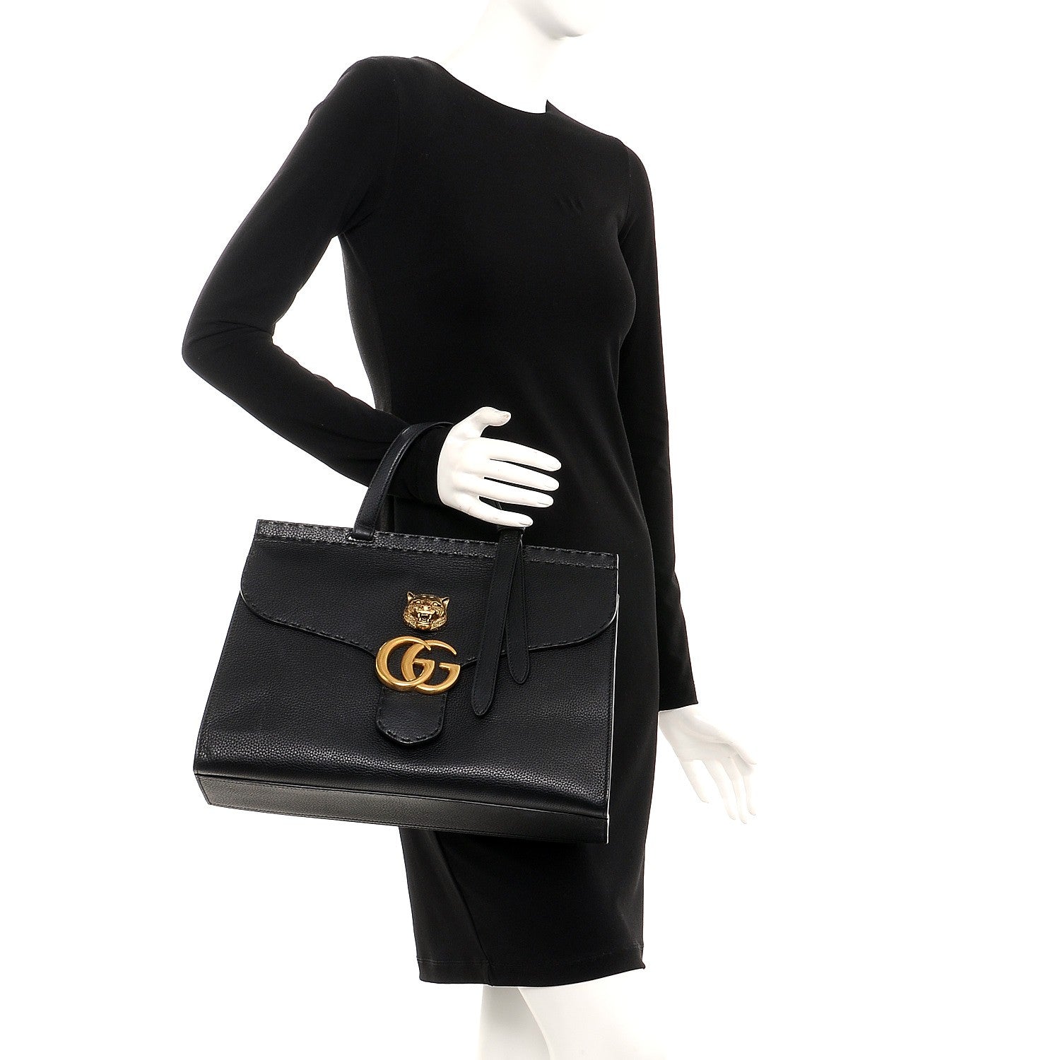 Gucci Calfskin Feline Medium GG Marmont Top Handle Bag Black 2 of 14