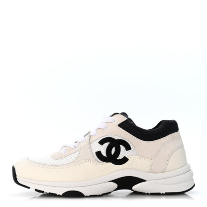 Chanel Mesh Suede Calfskin Grained Calfskin Womens CC Sneakers 37.5 White Black 1 of 10