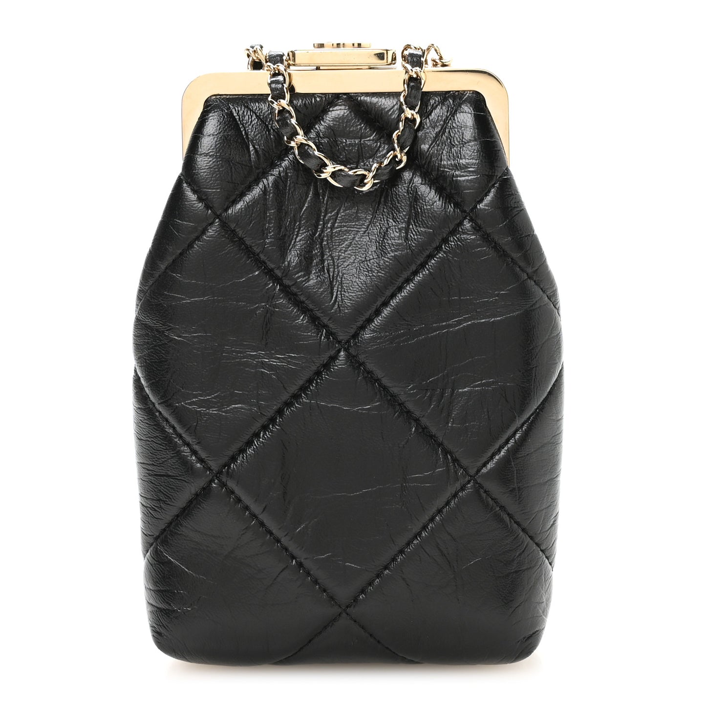 Shiny Aged Lambskin Quilted Kiss Lock Clutch With Chain Black