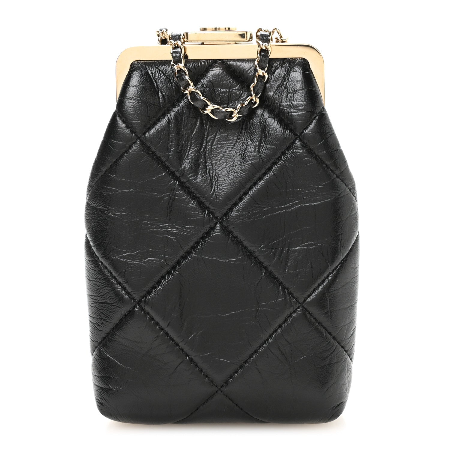 Chanel Shiny Aged Lambskin Quilted Kiss Lock Clutch With Chain Black 1 of 10