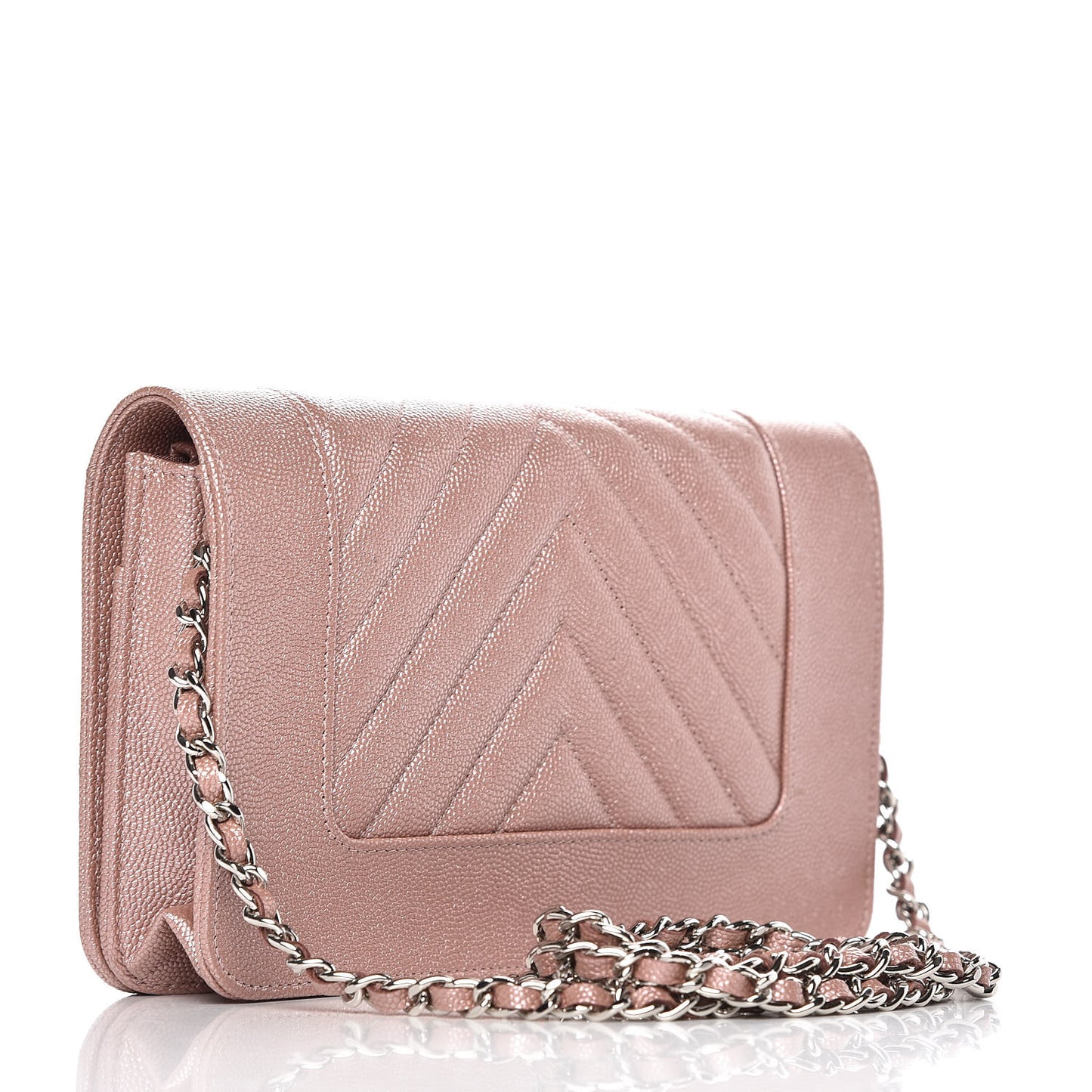 Metallic Caviar Chevron Quilted Vintage Mademoiselle Wallet On Chain WOC Pink