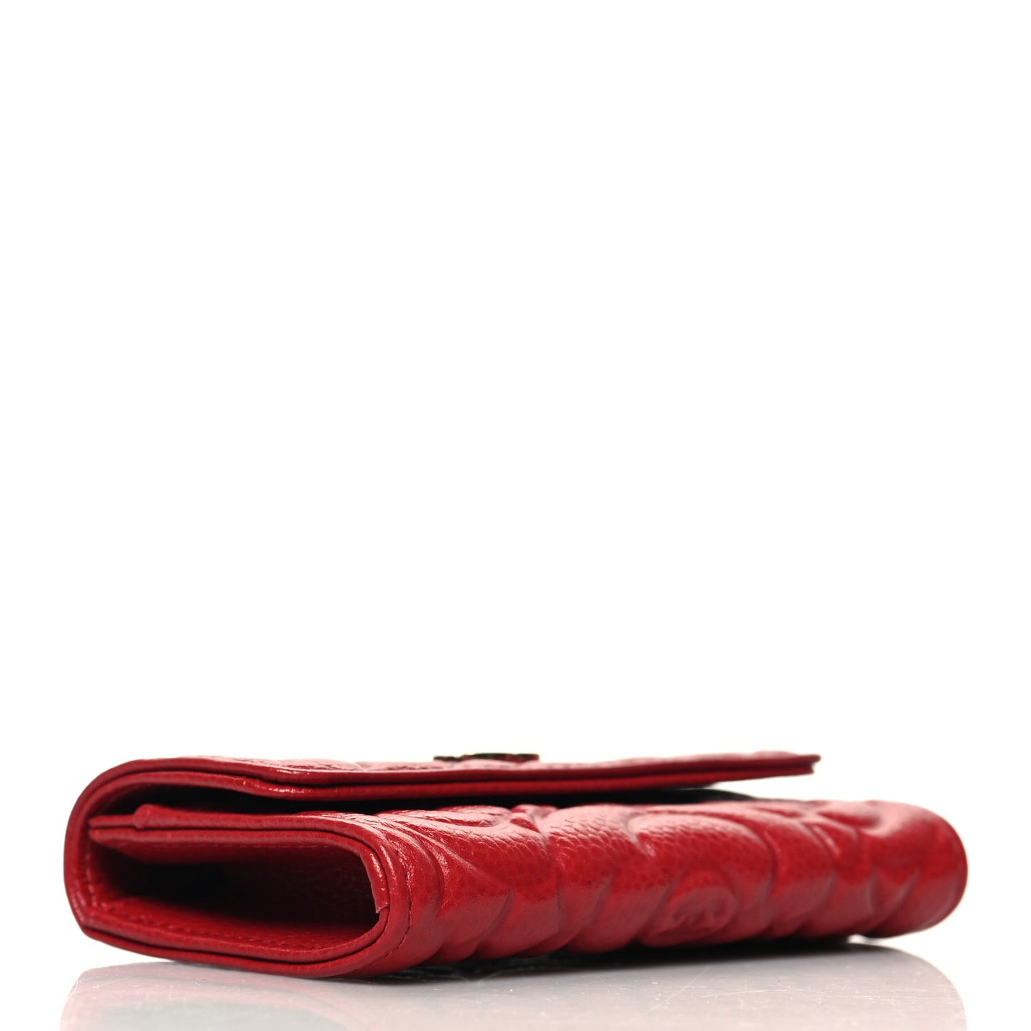 Caviar Camellia Embossed Flap Card Holder Wallet Red