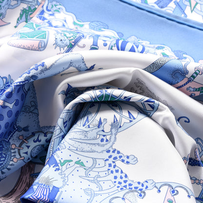 Hermes Silk Twill La Folle Parade Scarf 90 Bleu Jean White Rose 4 of 5