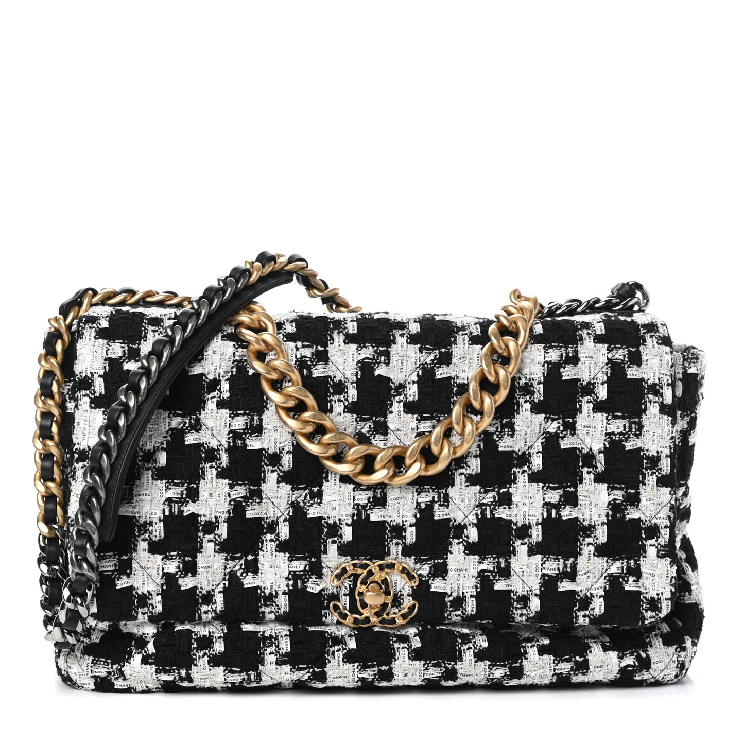 Tweed Quilted Maxi Chanel 19 Flap Black Ecru White