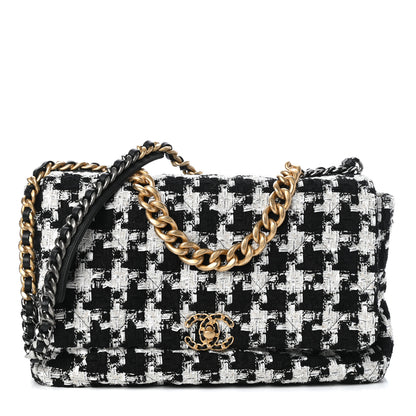 Chanel Tweed Quilted Maxi Chanel 19 Flap Black Ecru White 1 of 10
