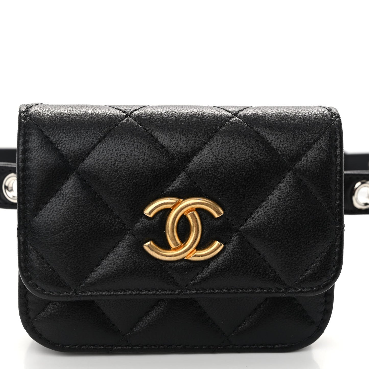 Goatskin Quilted Punk Essentials Chain Mini Flap Belt Bag Black
